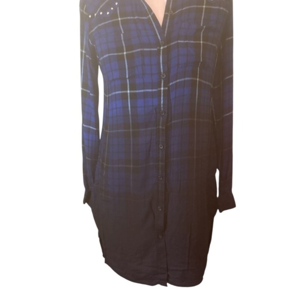 Rock & Republic Shirt Dress SzXS Blue Plaid Ombré Button Up Long Sleeve High Low